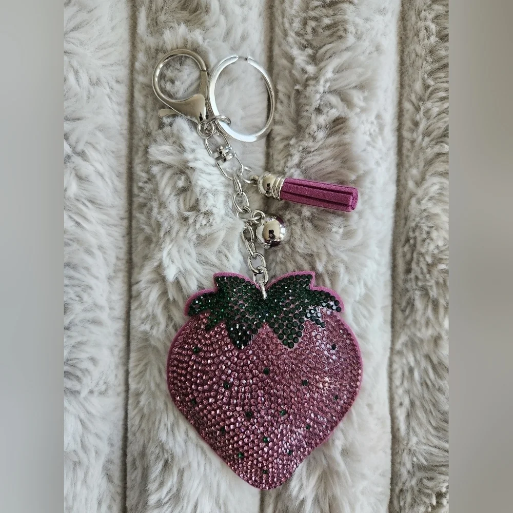Strawberry Keychain with Pink and Green Rhinestones Bag Charm